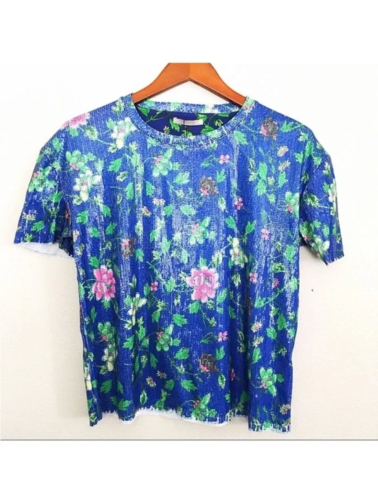 ZARA Blue Pink and Green Floral Sequin Top - Picture 3 of 8